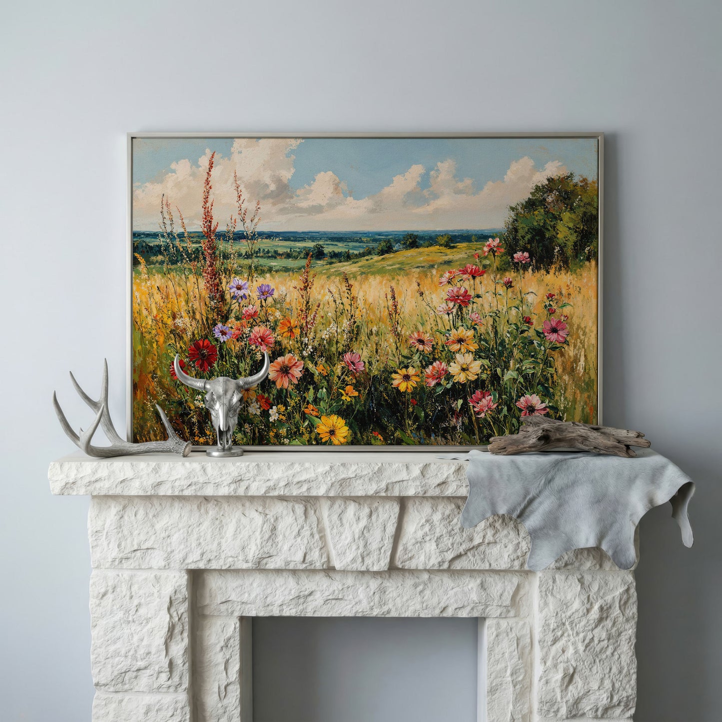 Wildflower Field Canvas Art with Rolling Hills and Summer Sky in silver floating frame