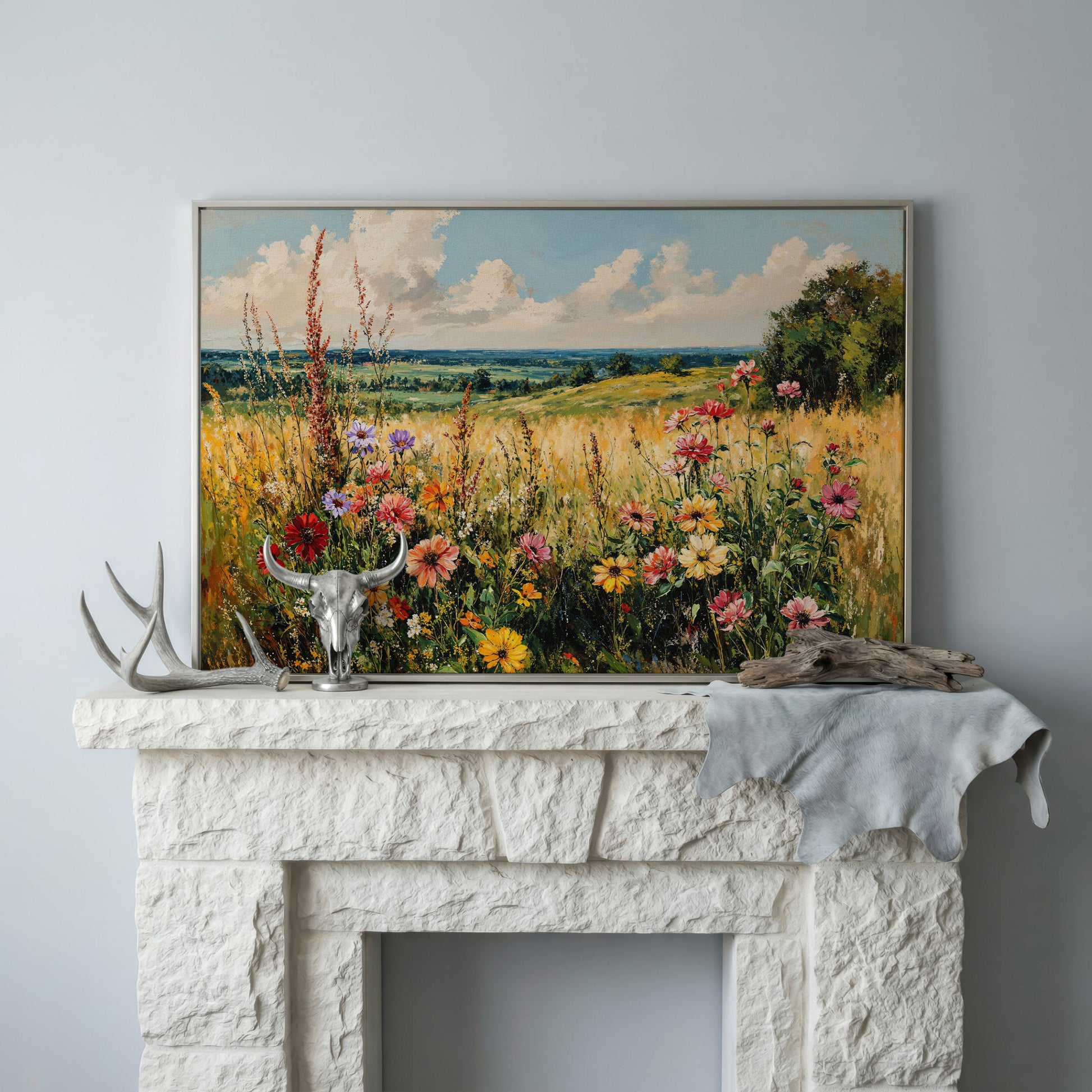 Wildflower Field Canvas Art with Rolling Hills and Summer Sky in silver floating frame