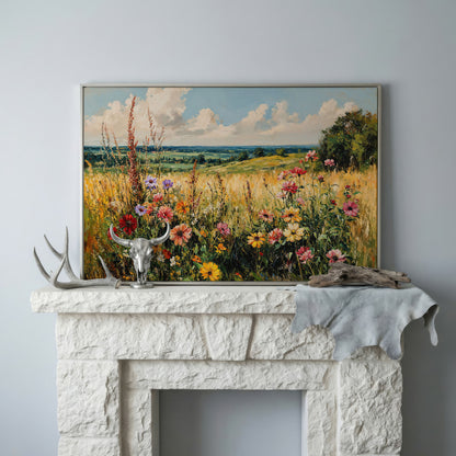 Wildflower Field Canvas Art with Rolling Hills and Summer Sky in silver floating frame
