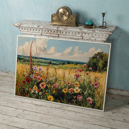 Wildflower Field Canvas Art with Rolling Hills and Summer Sky in white floating frame