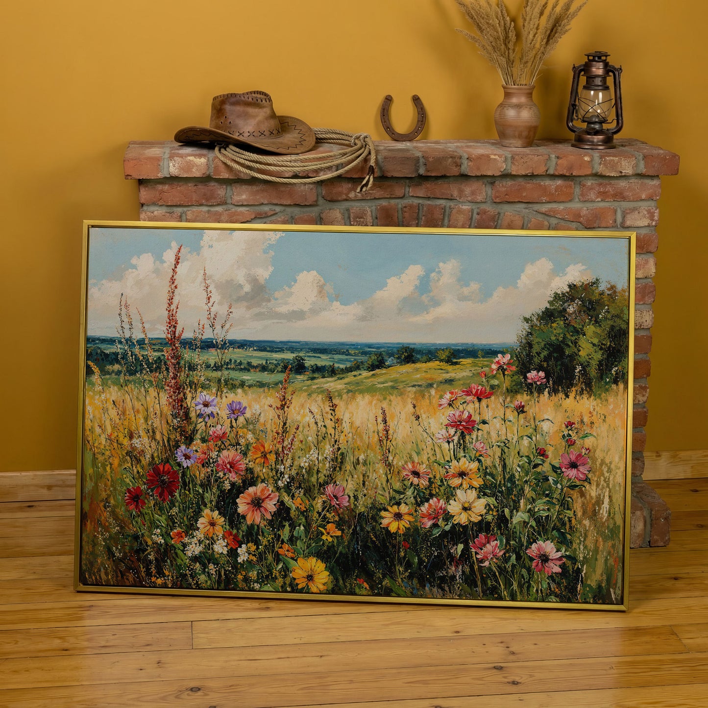 Wildflower Field Canvas Art with Rolling Hills and Summer Sky in yellow gold floating frame