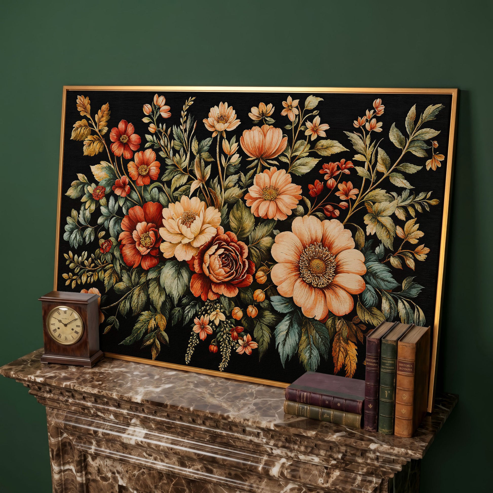 Vintage Flora Bouquet Canvas Print in antique gold floating frame