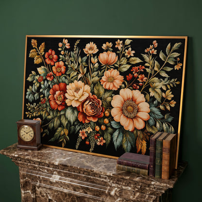 Vintage Flora Bouquet Canvas Print in antique gold floating frame