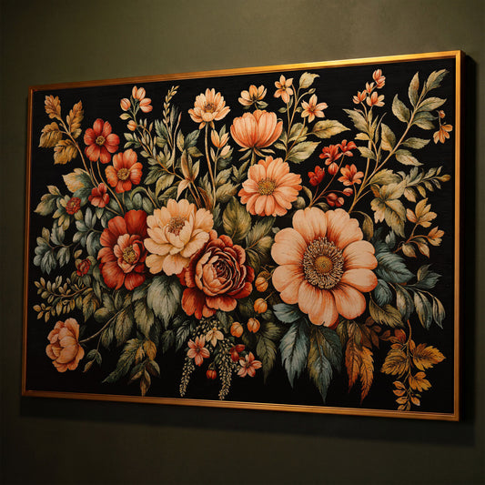 Vintage Flora Bouquet Canvas Print shown in antique gold floating frame