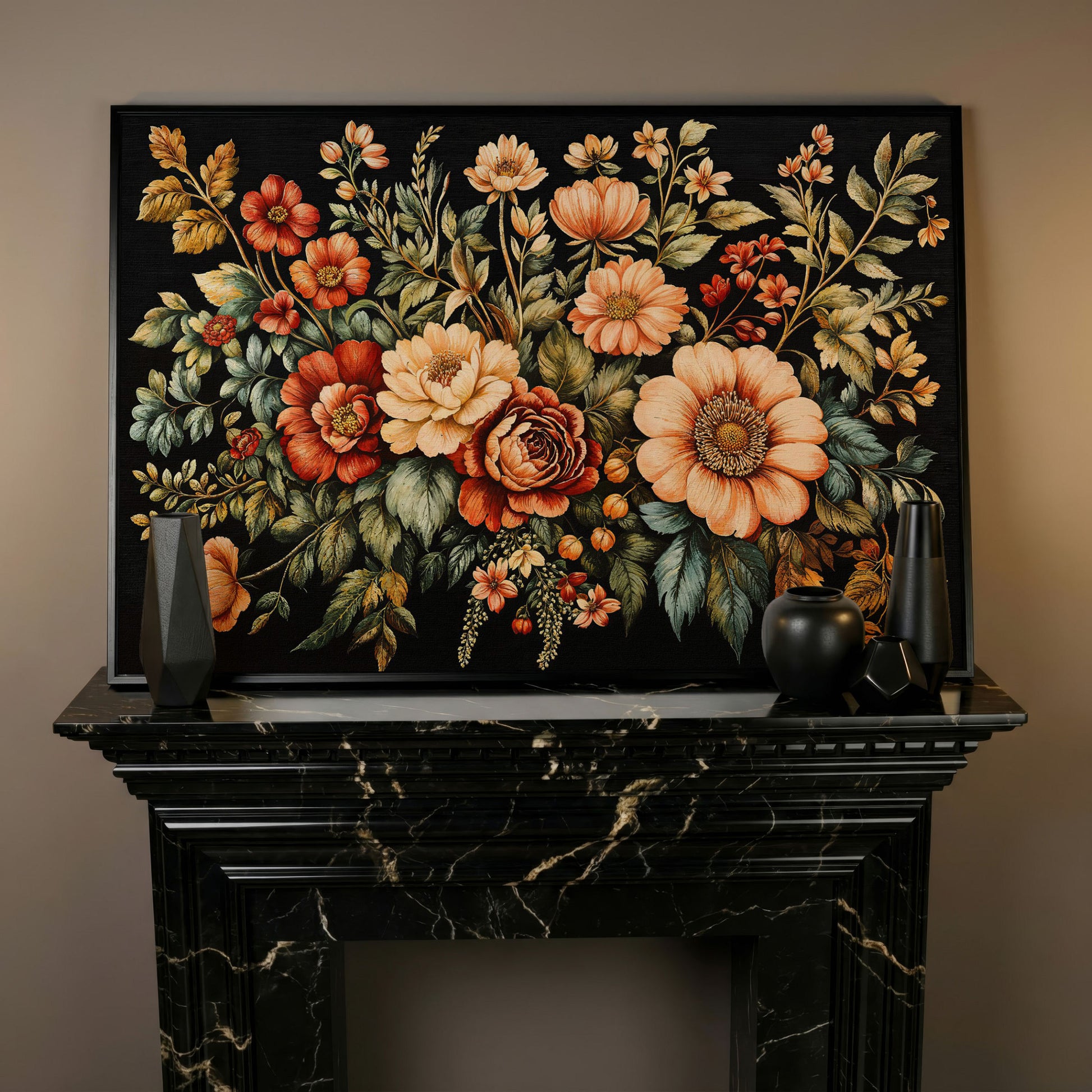 Vintage Flora Bouquet Canvas Print in black floating frame
