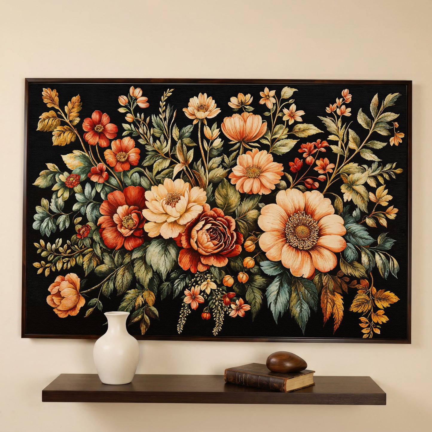 Vintage Flora Bouquet Canvas Print in dark walnut floating frame