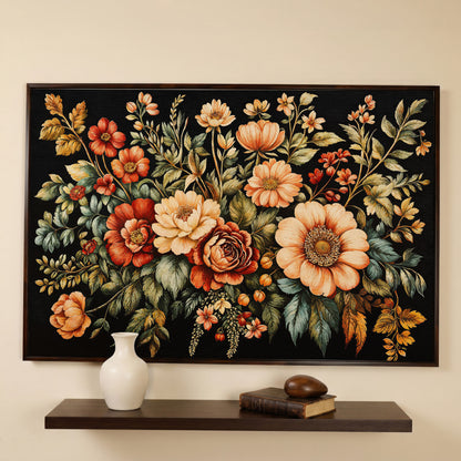 Vintage Flora Bouquet Canvas Print in dark walnut floating frame