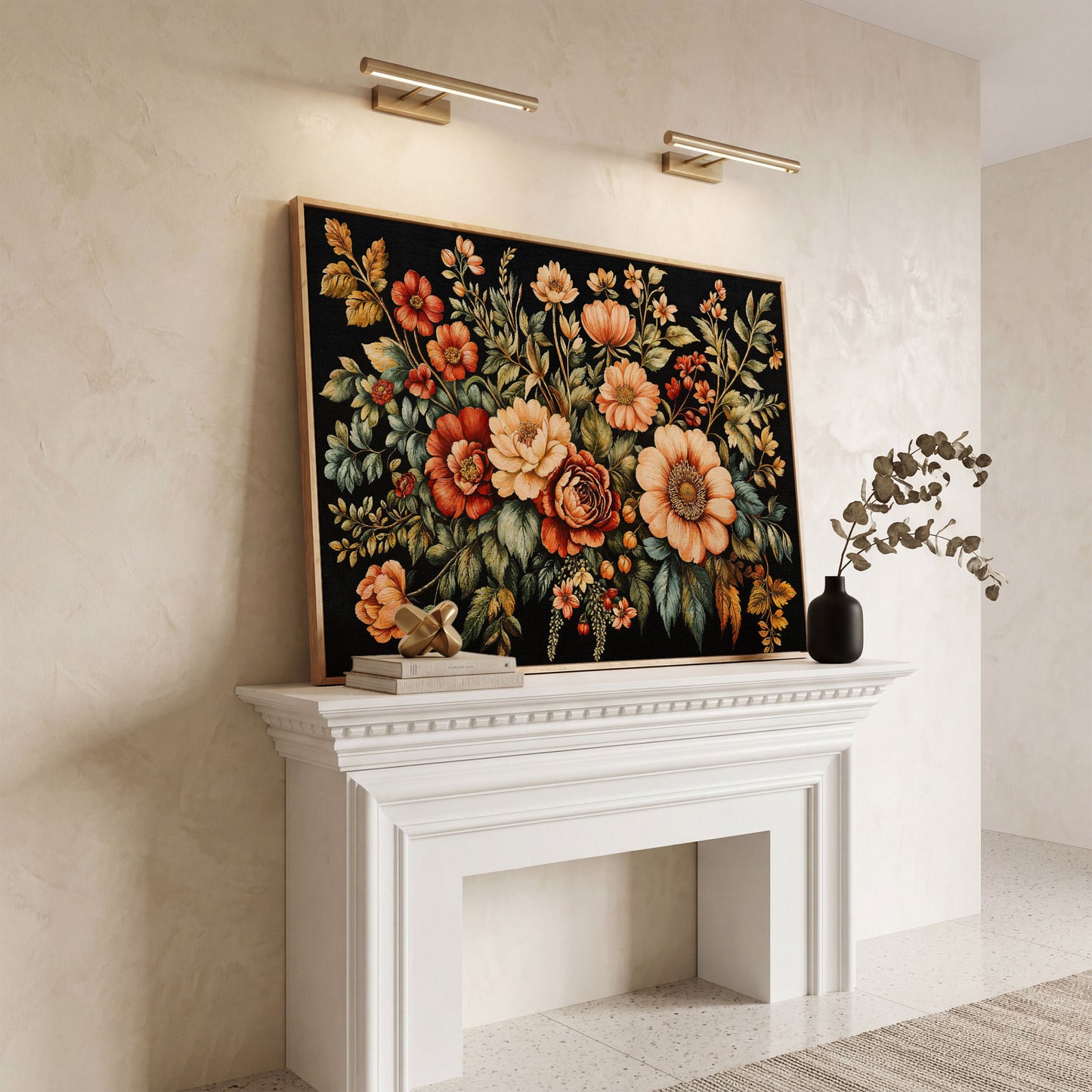 Vintage Flora Bouquet Canvas Print in white oak floating frame