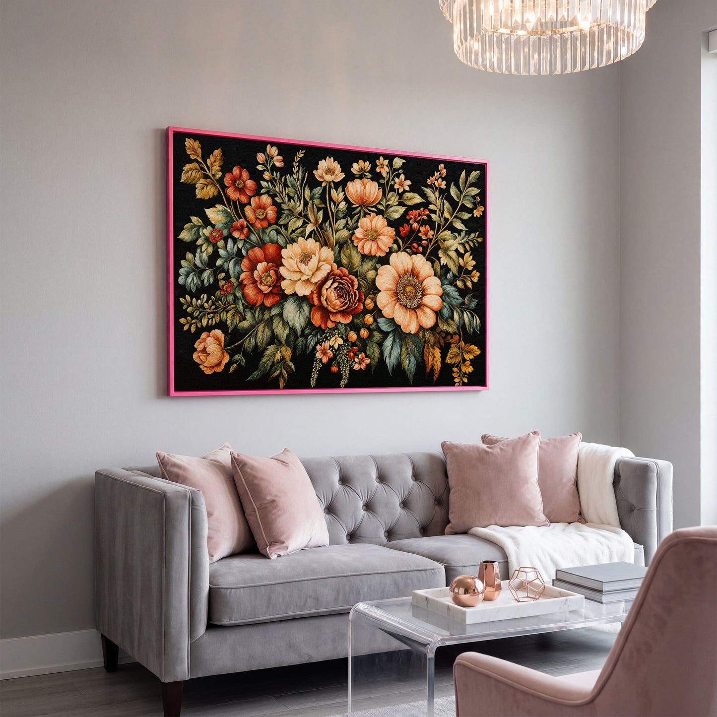 Vintage Flora Bouquet Canvas Print in pink floating frame