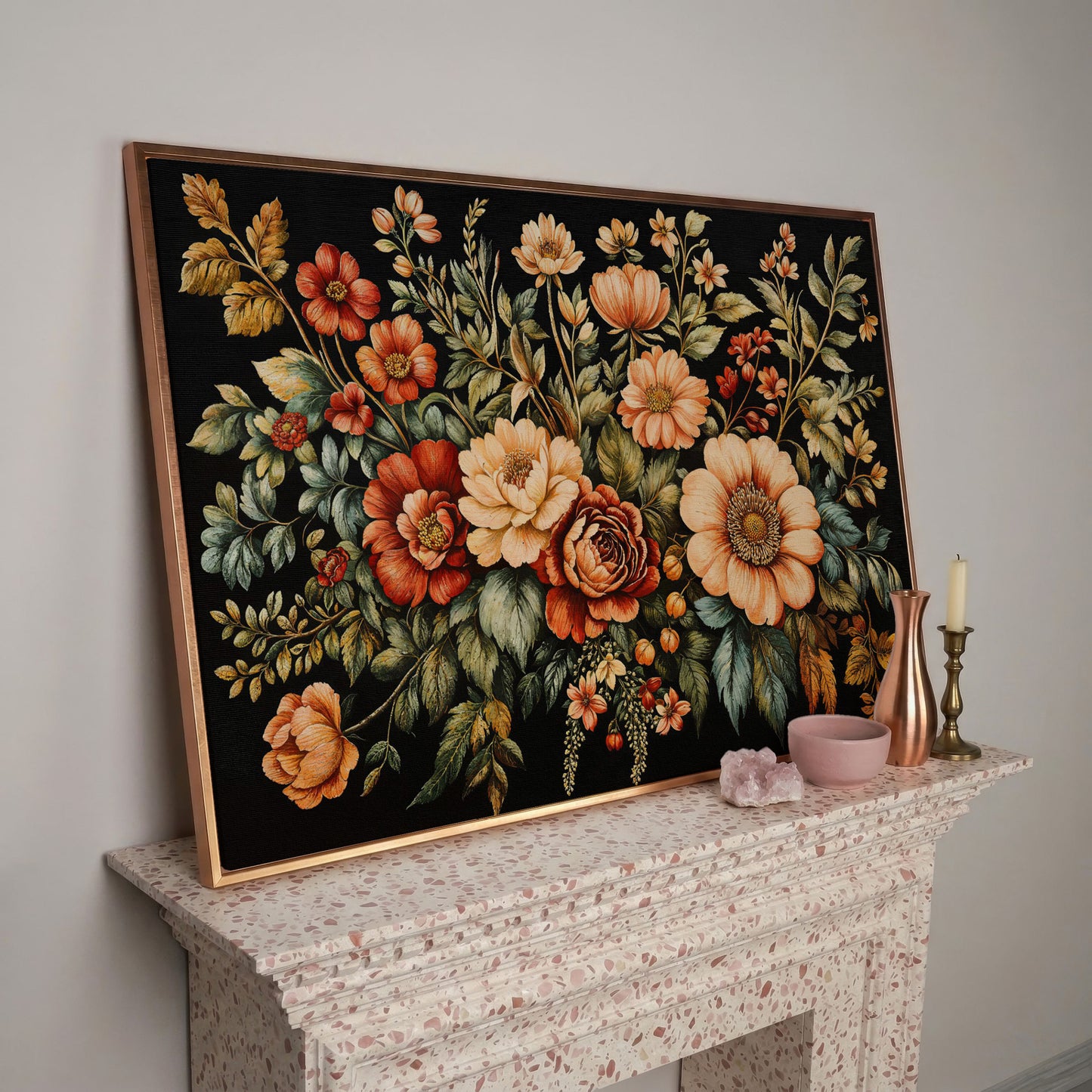 Vintage Flora Bouquet Canvas Print in rose gold floating frame