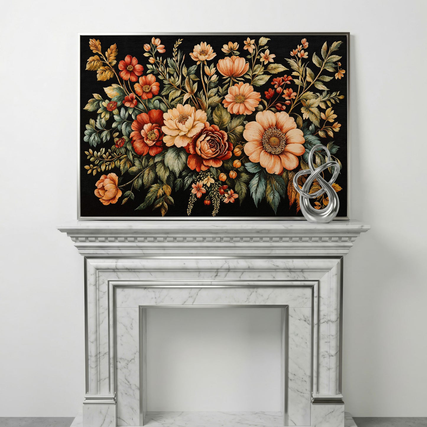 Vintage Flora Bouquet Canvas Print in silver floating frame