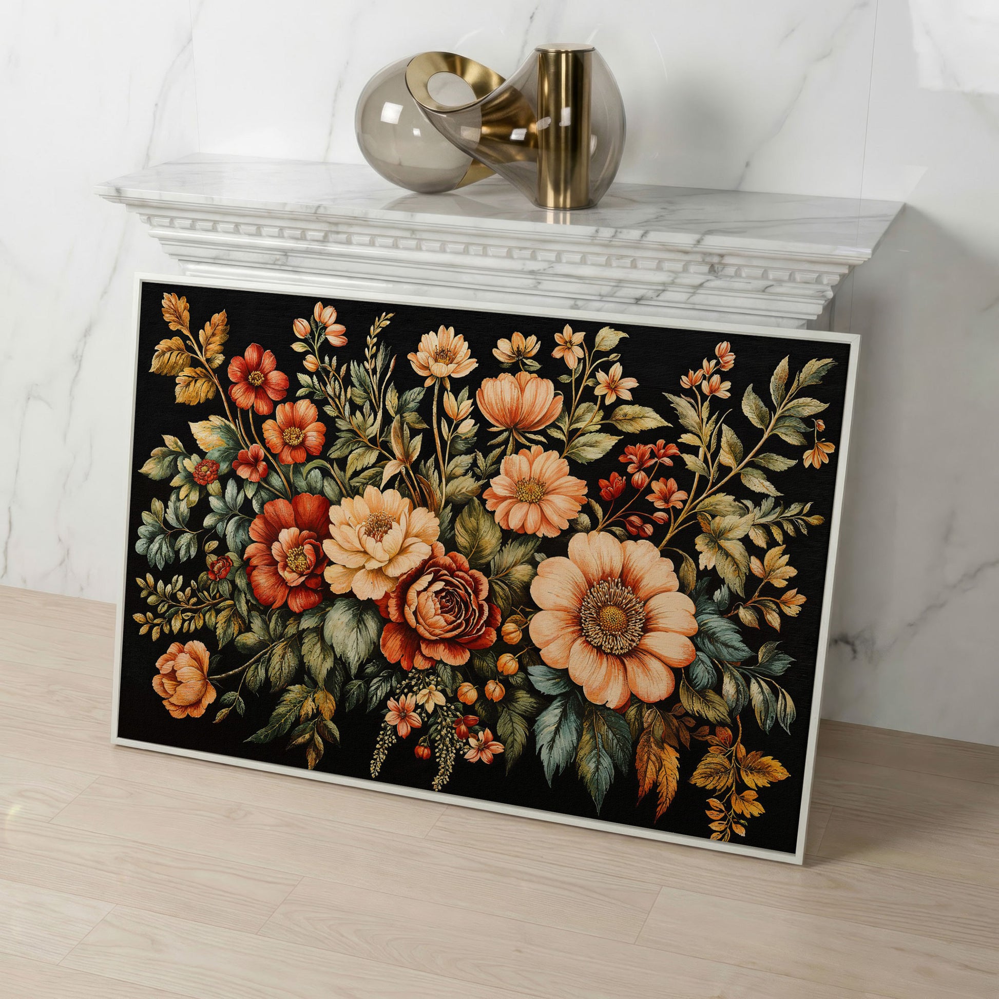 Vintage Flora Bouquet Canvas Print in white floating frame