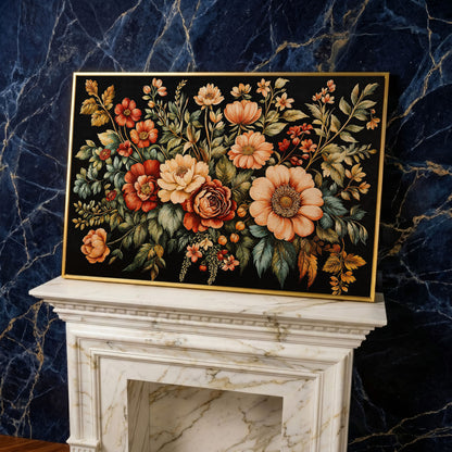 Vintage Flora Bouquet Canvas Print in yellow gold floating frame