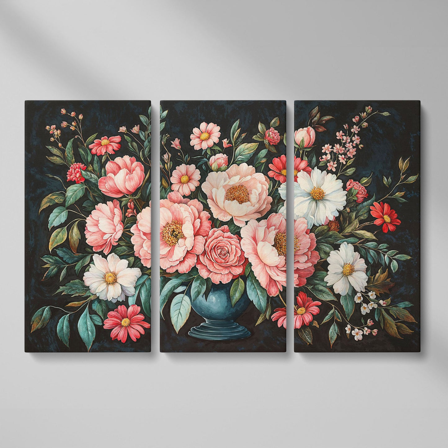 Pink Flowers in Vase Canvas Print as 3-panel split version