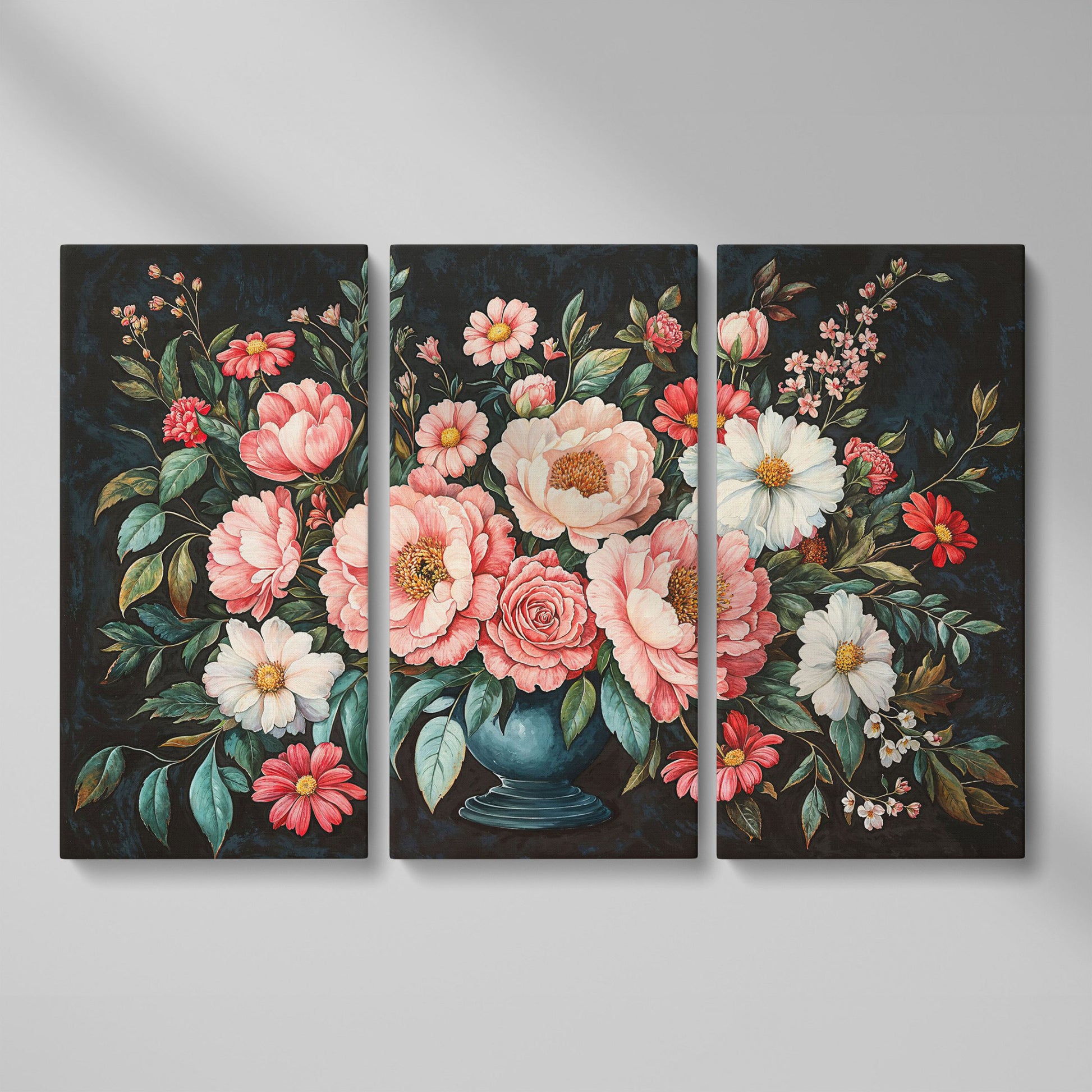 Pink Flowers in Vase Canvas Print as 3-panel split version