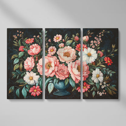 Pink Flowers in Vase Canvas Print as 3-panel split version