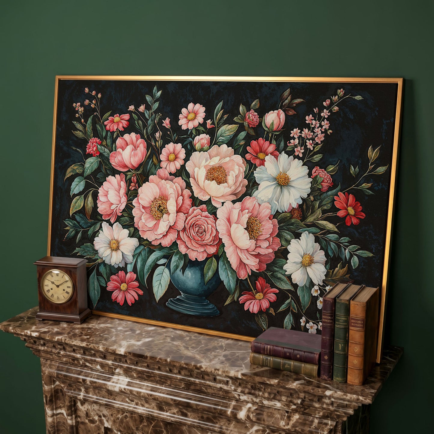 Pink Flowers in Vase Canvas Print in antique gold floating frame