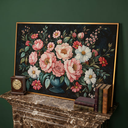 Pink Flowers in Vase Canvas Print in antique gold floating frame