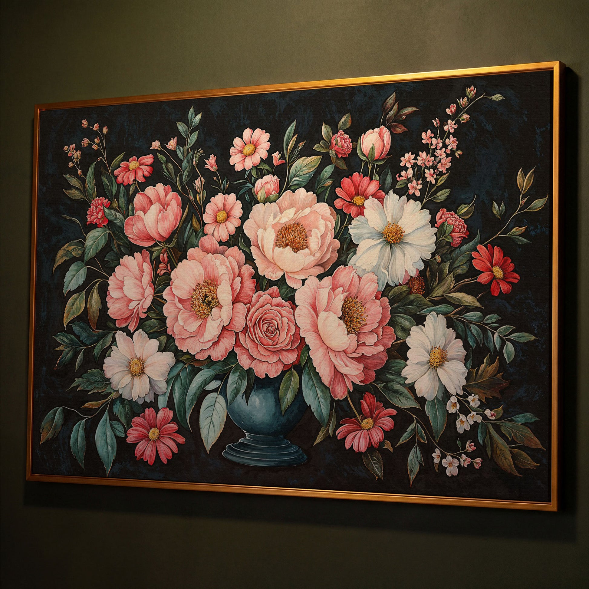 Pink Flowers in Vase Canvas Print shown in antique gold floating frame