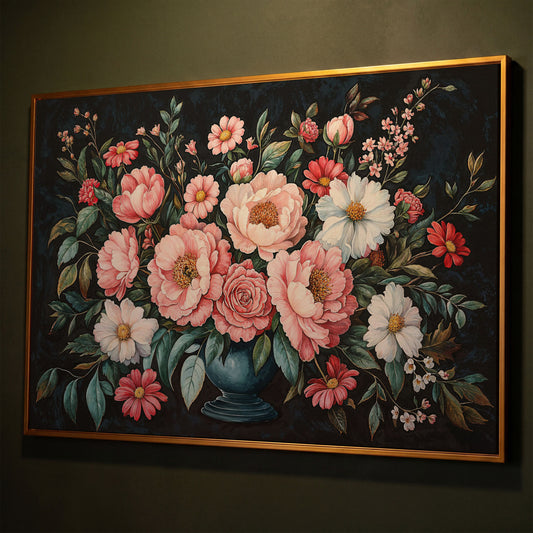 Pink Flowers in Vase Canvas Print shown in antique gold floating frame