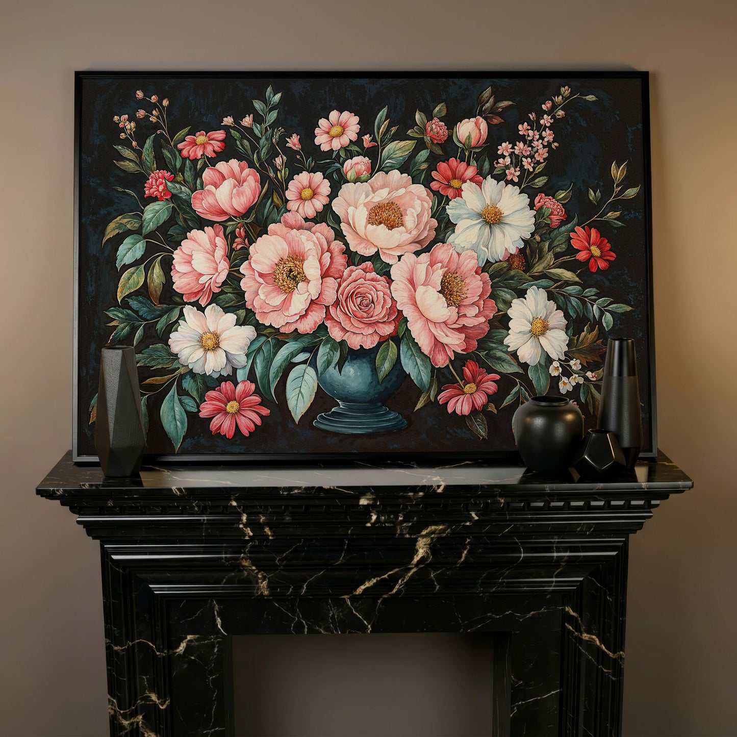 Pink Flowers in Vase Canvas Print in black floating frame