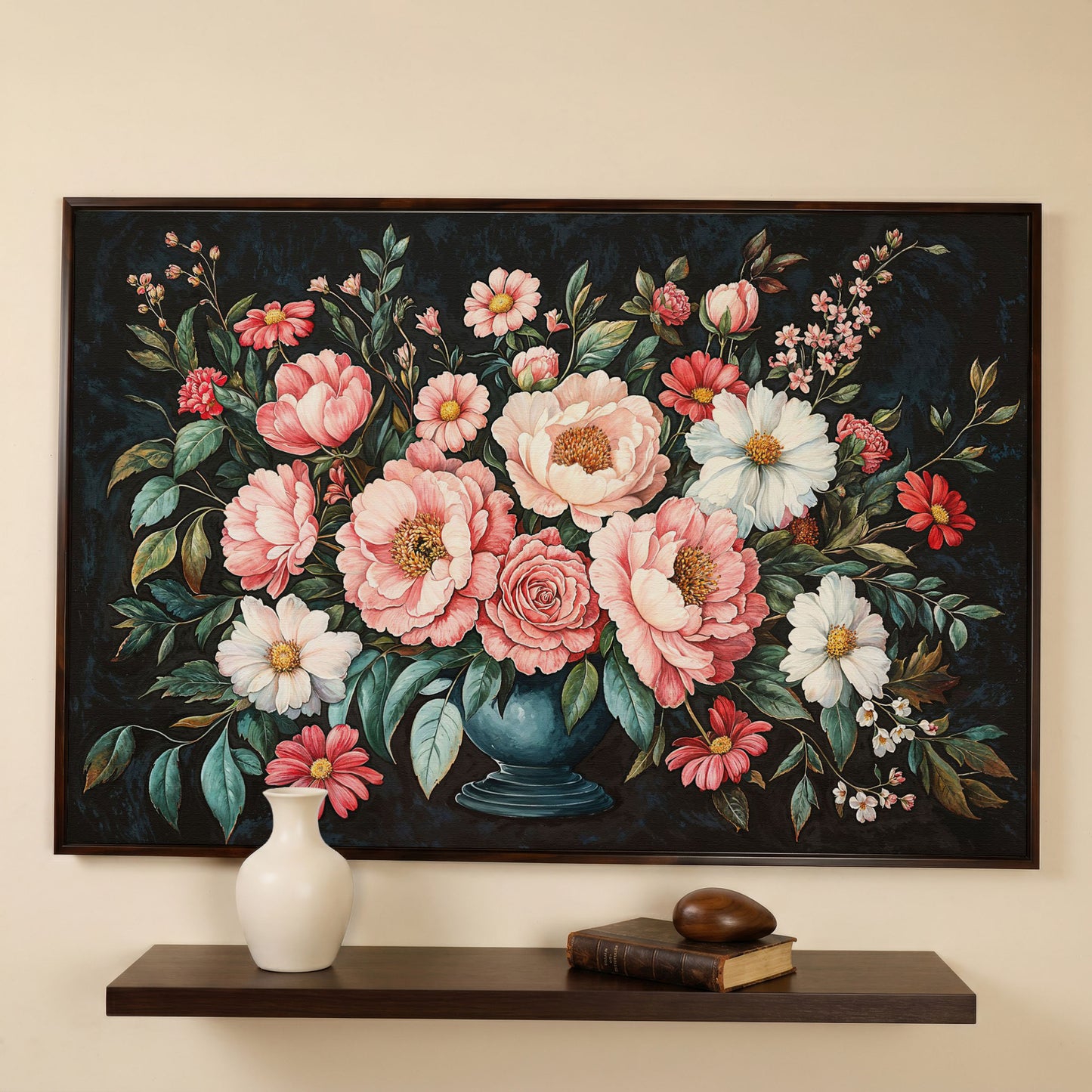 Pink Flowers in Vase Canvas Print in dark walnut floating frame