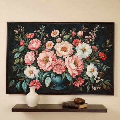 Pink Flowers in Vase Canvas Print in dark walnut floating frame