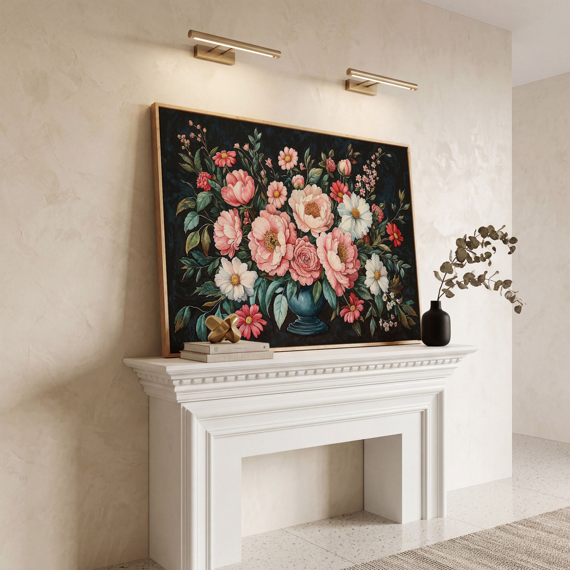 Pink Flowers in Vase Canvas Print in white oak floating frame