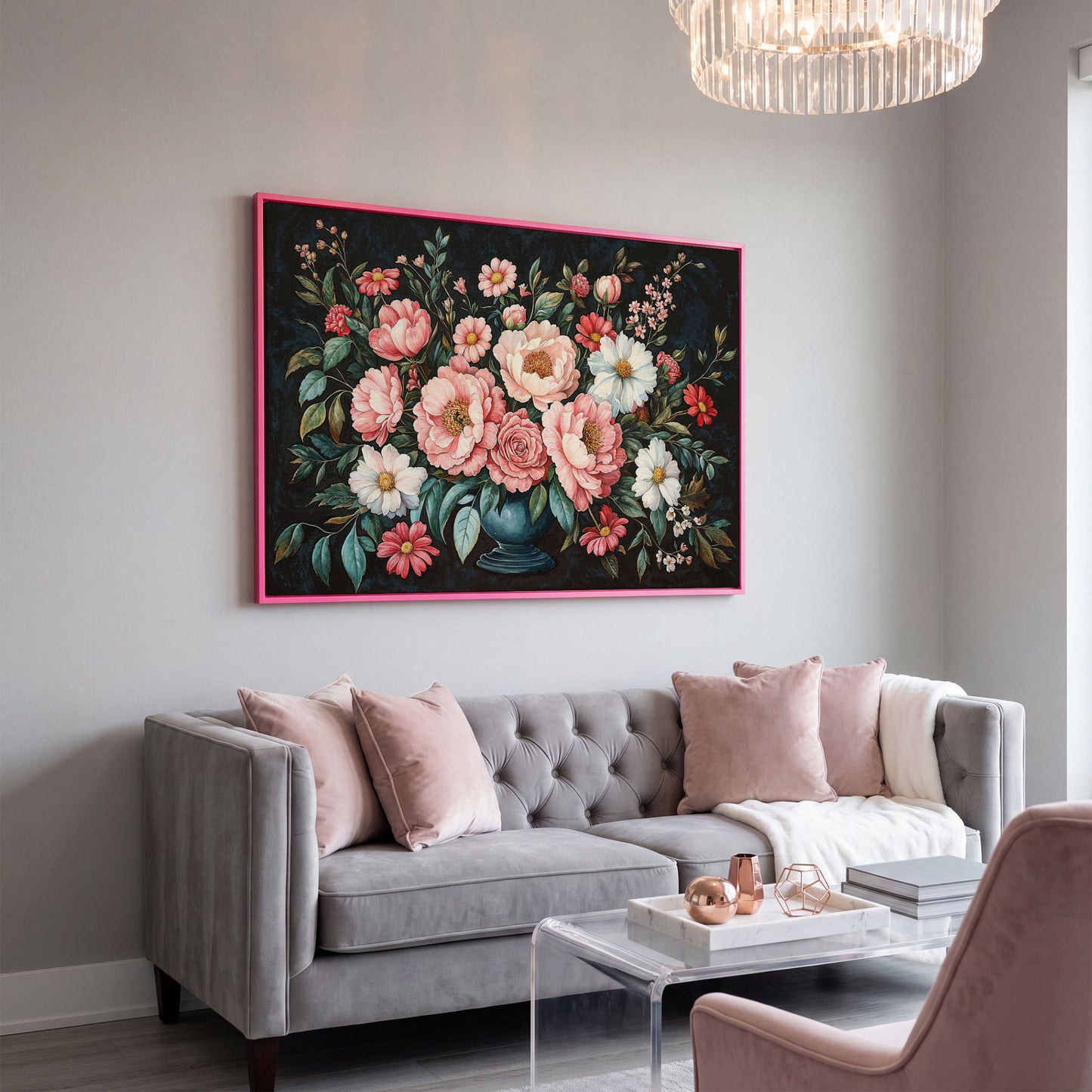 Pink Flowers in Vase Canvas Print in pink floating frame