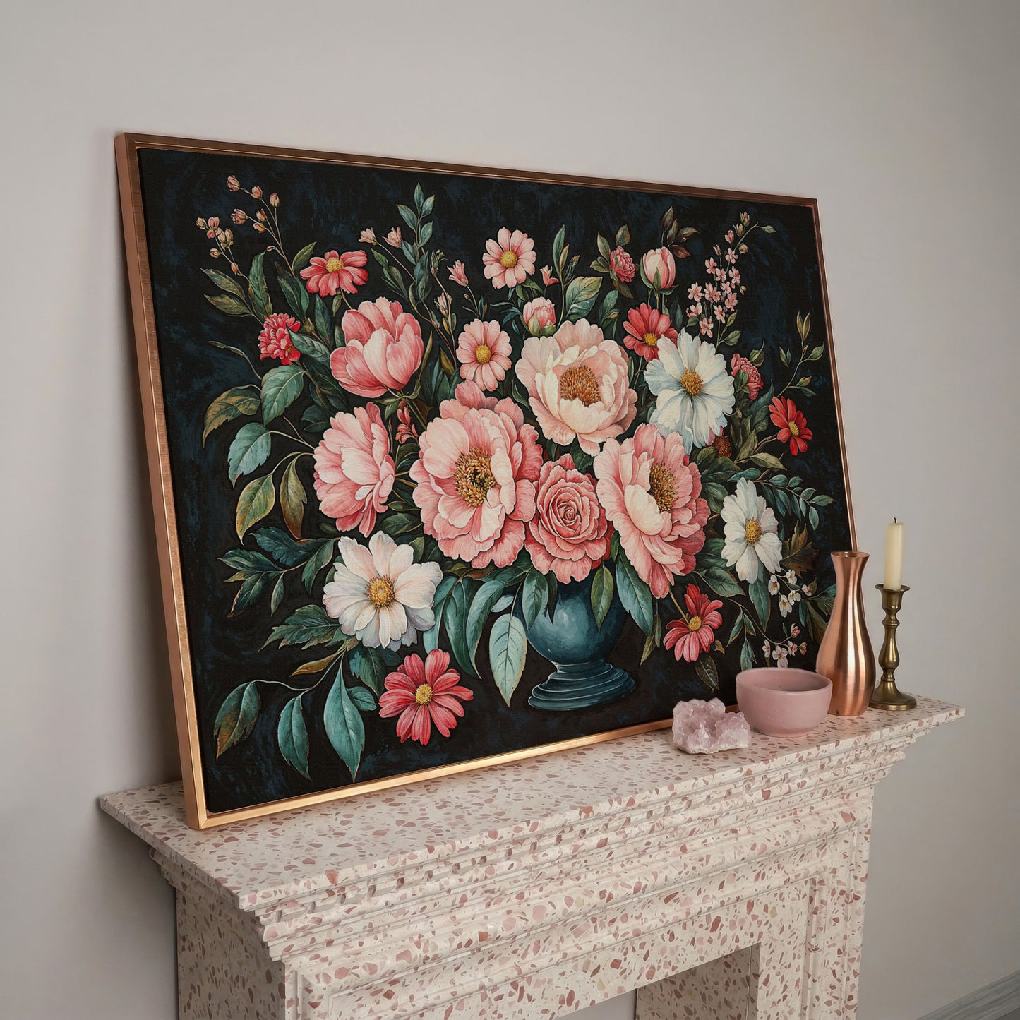 Pink Flowers in Vase Canvas Print in rose gold floating frame