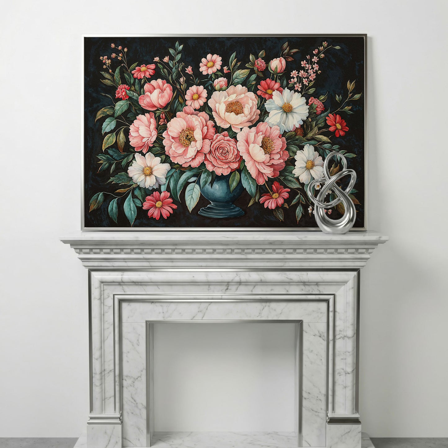 Pink Flowers in Vase Canvas Print in silver floating frame
