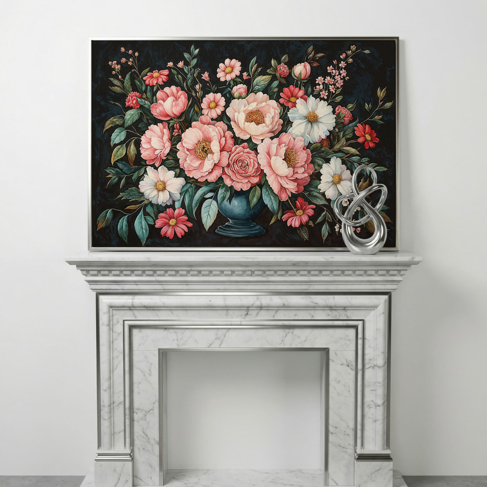 Pink Flowers in Vase Canvas Print in silver floating frame