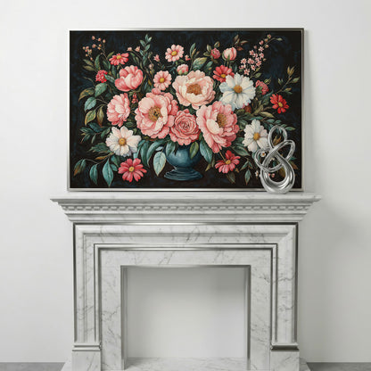 Pink Flowers in Vase Canvas Print in silver floating frame