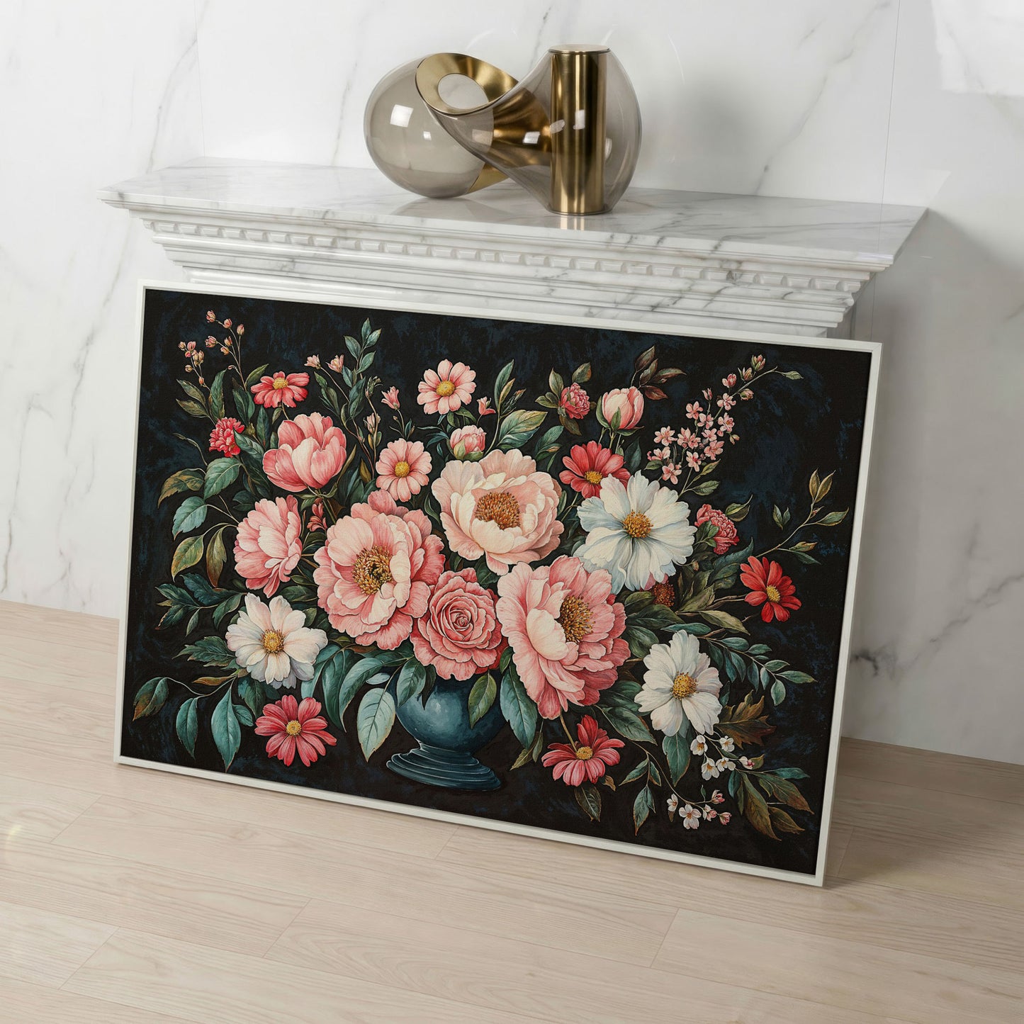Pink Flowers in Vase Canvas Print in white floating frame