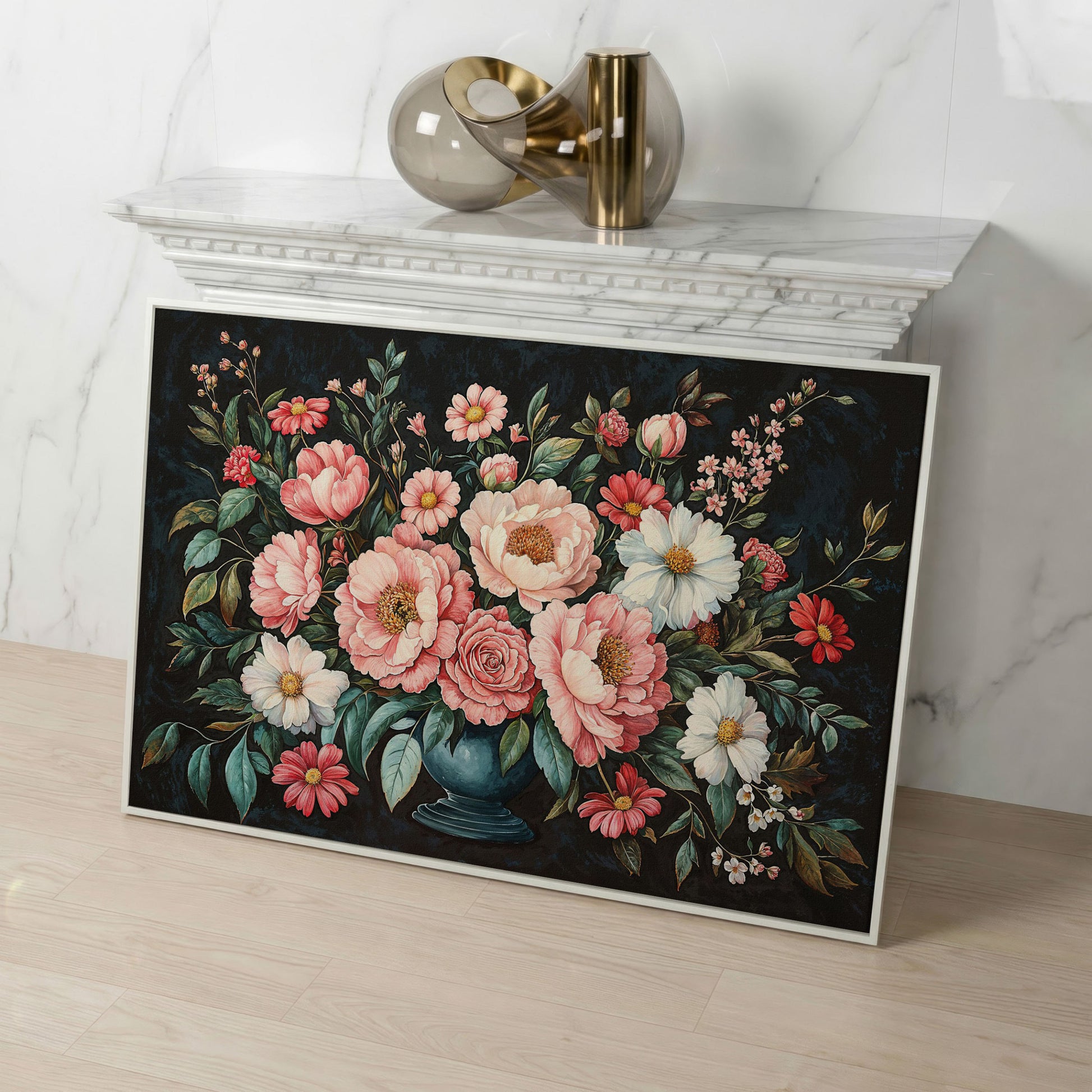 Pink Flowers in Vase Canvas Print in white floating frame