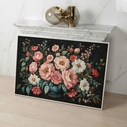 Pink Flowers in Vase Canvas Print in white floating frame