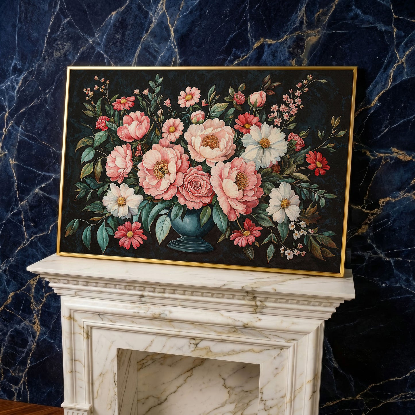 Pink Flowers in Vase Canvas Print in yellow gold floating frame