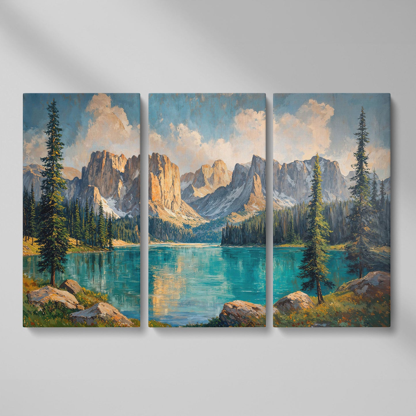 Mountain Lake & Pine Forest Canvas as 3-panel split version