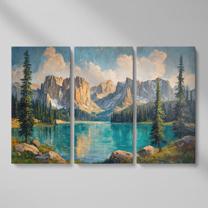 Mountain Lake & Pine Forest Canvas as 3-panel split version