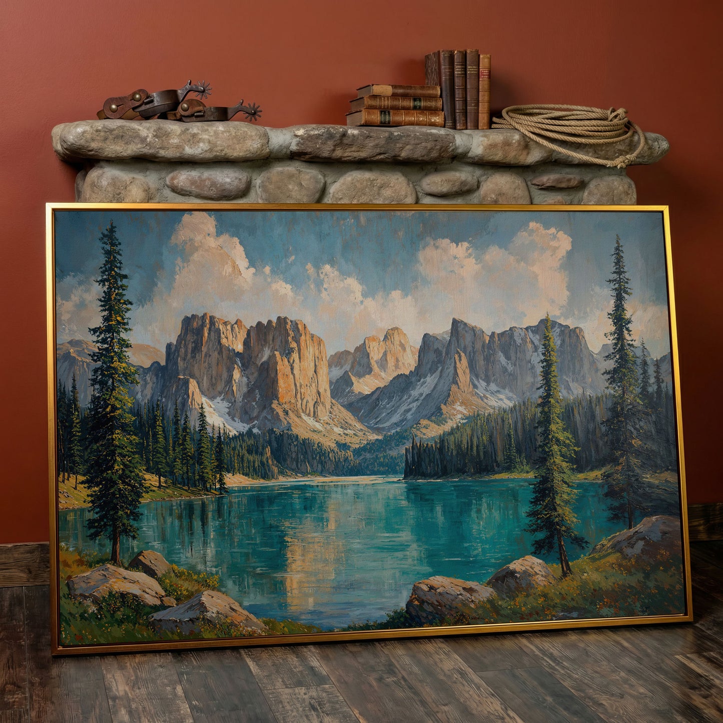 Mountain Lake & Pine Forest Canvas in antique gold floating frame
