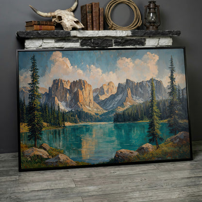 Mountain Lake & Pine Forest Canvas in black floating frame