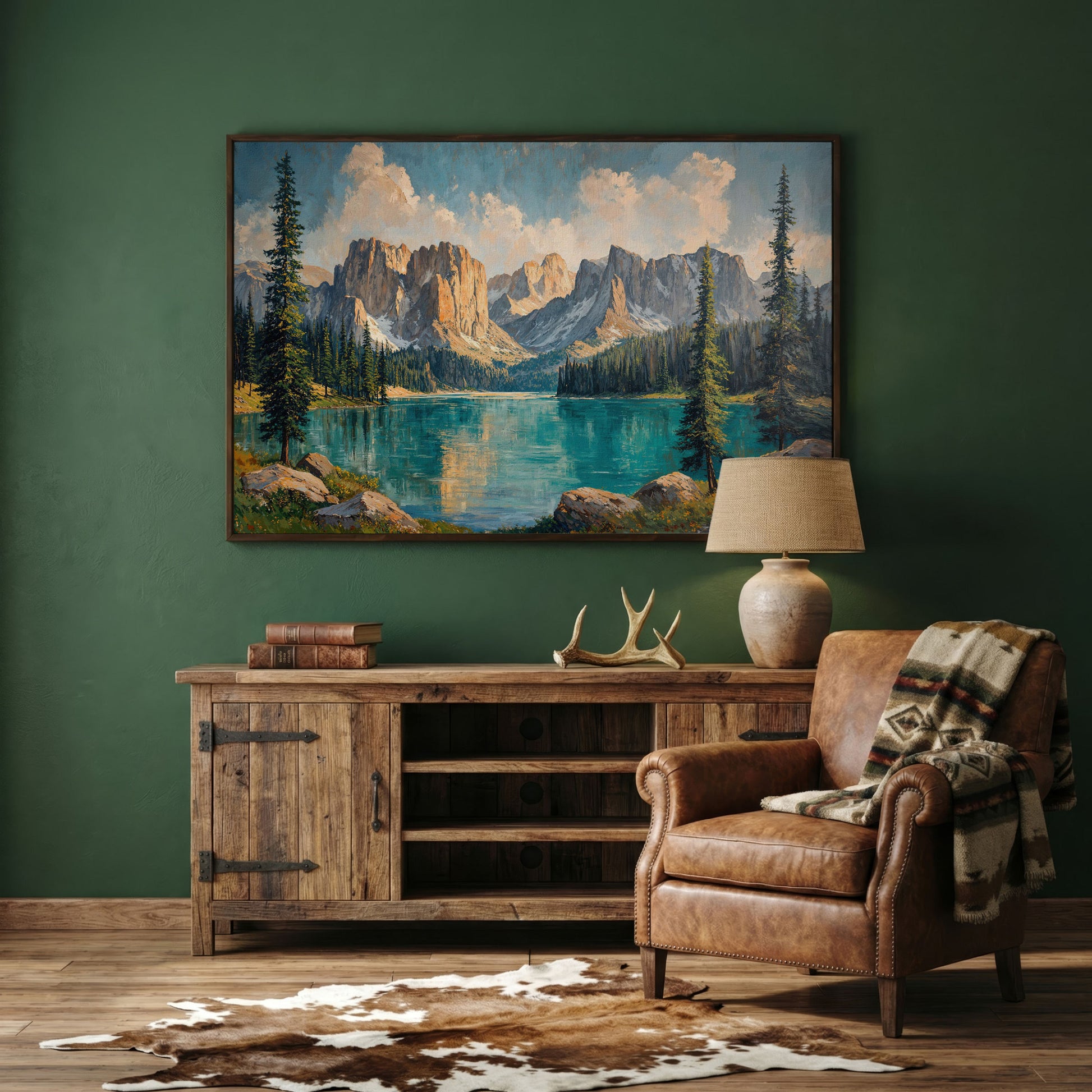 Mountain Lake & Pine Forest Canvas in dark walnut floating frame