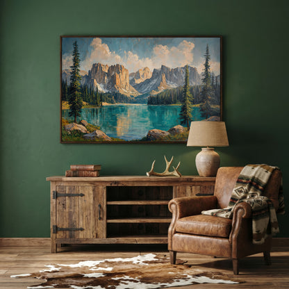 Mountain Lake & Pine Forest Canvas in dark walnut floating frame