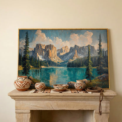 Mountain Lake & Pine Forest Canvas in white oak floating frame