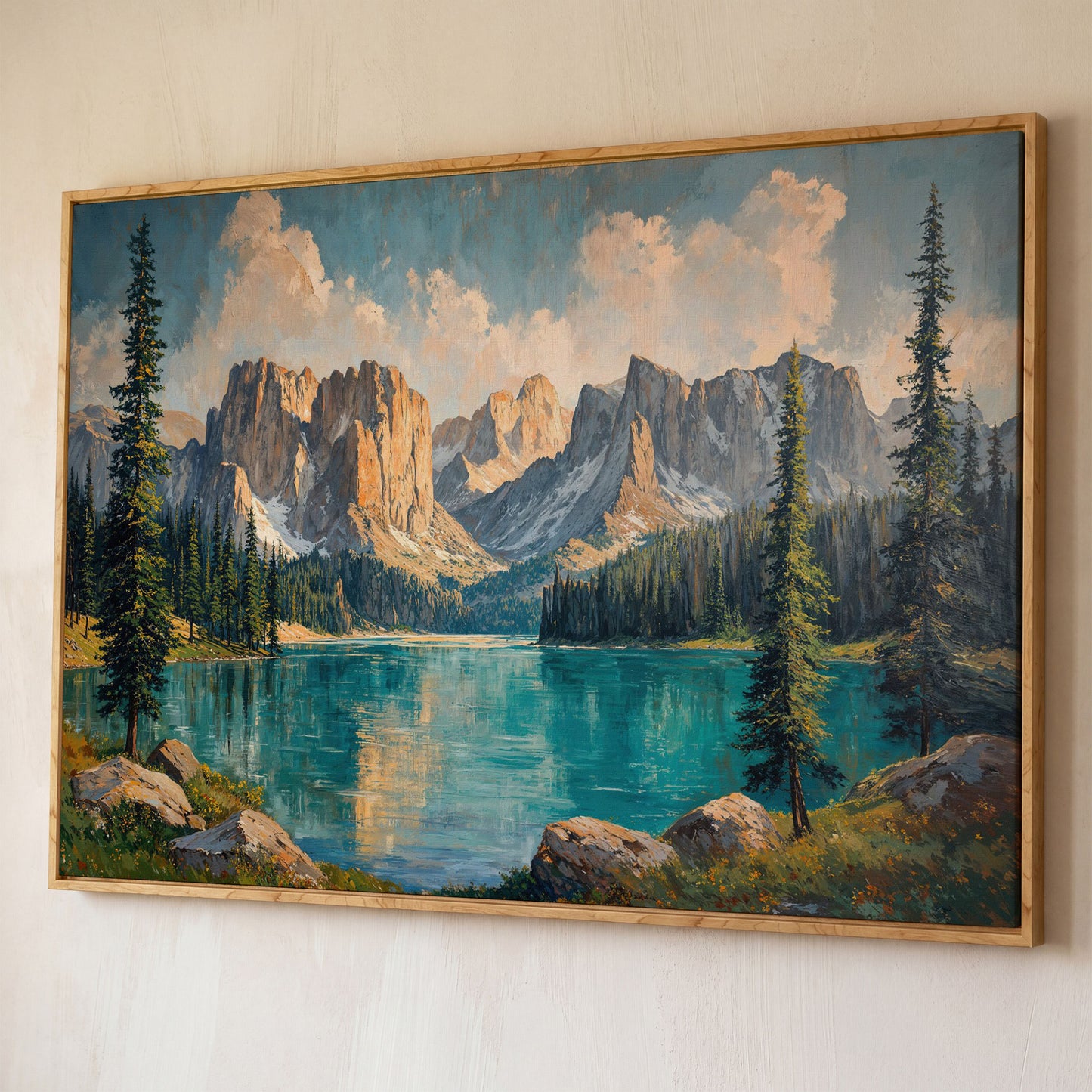 Mountain Lake & Pine Forest Canvas shown in white oak floating frame