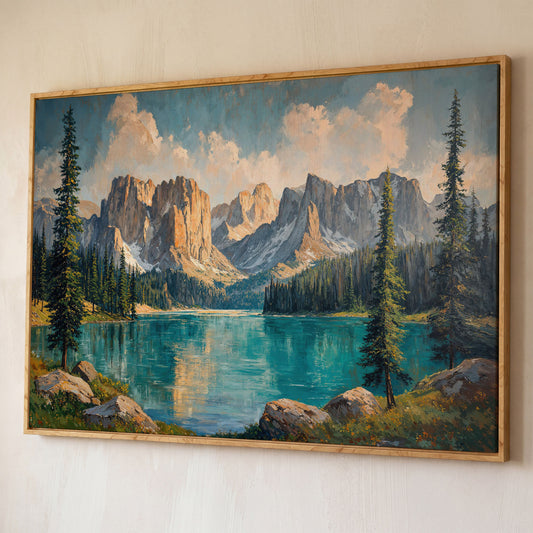 Mountain Lake & Pine Forest Canvas shown in white oak floating frame