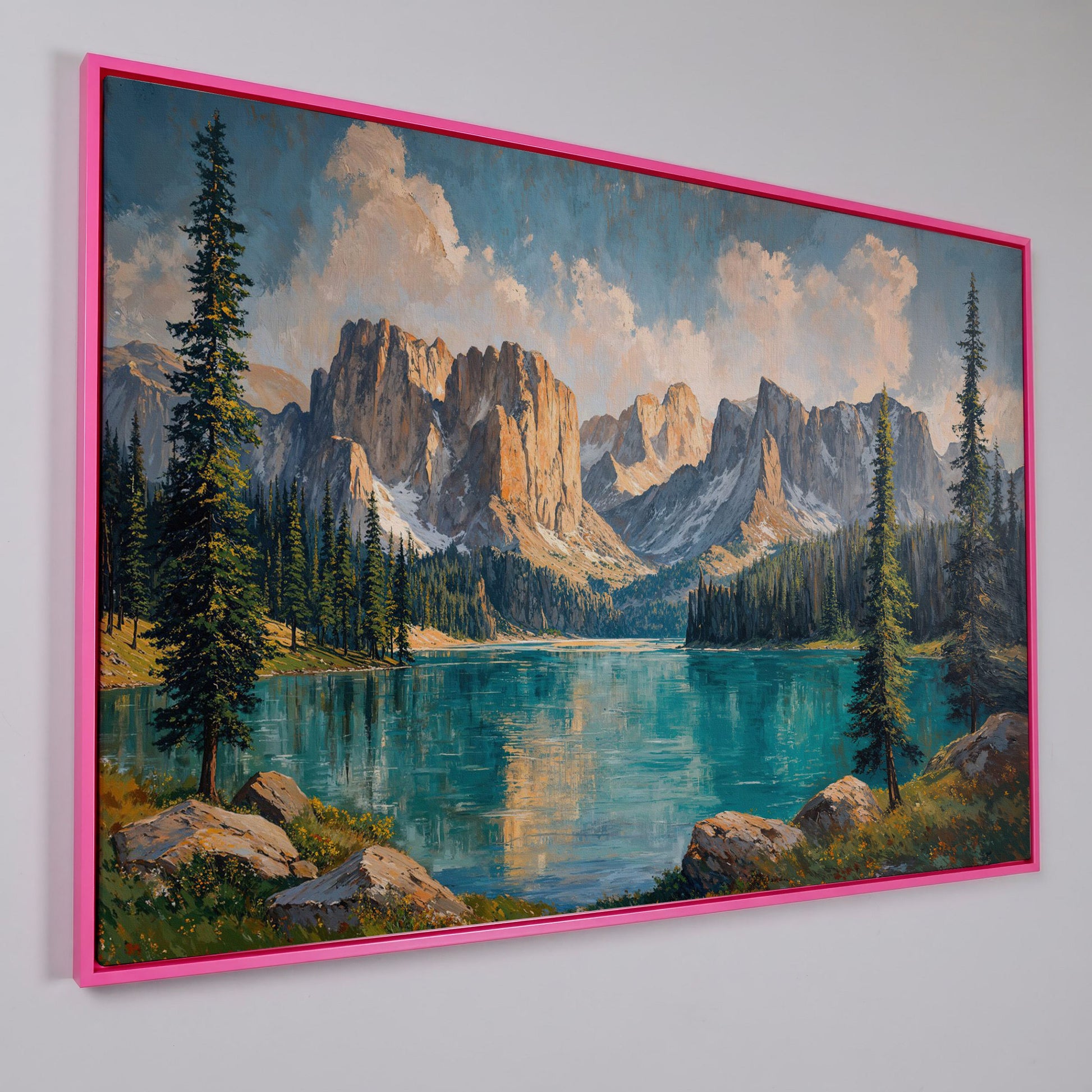 Mountain Lake & Pine Forest Canvas in pink floating frame