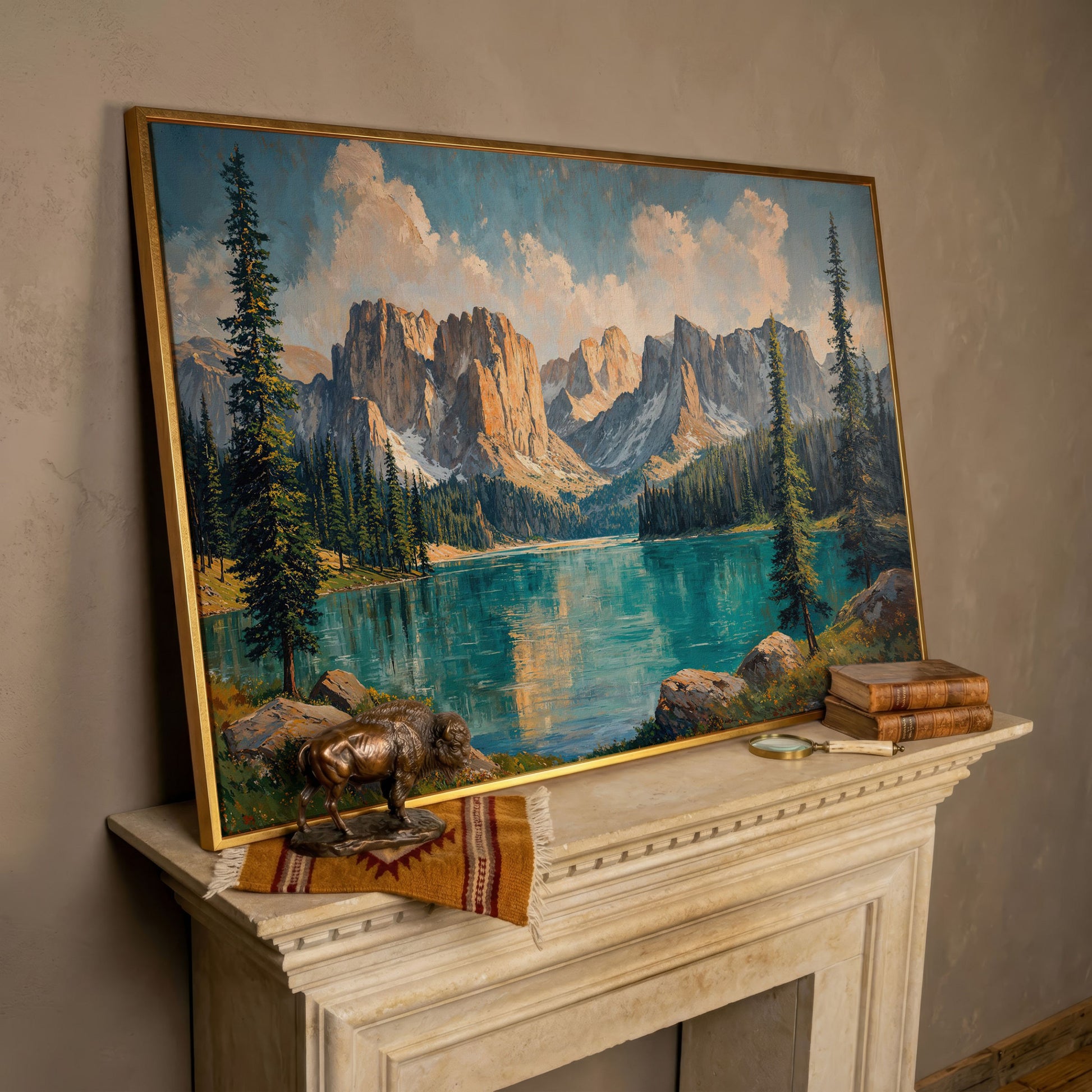 Mountain Lake & Pine Forest Canvas in rose gold floating frame