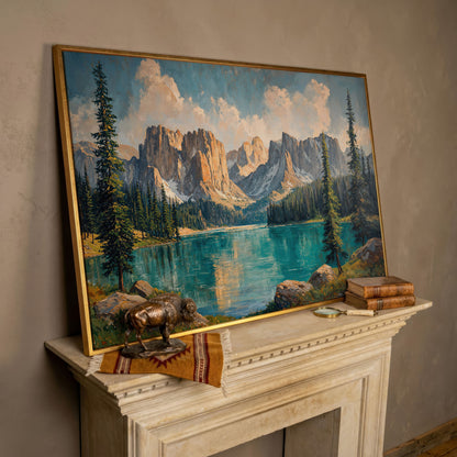 Mountain Lake & Pine Forest Canvas in rose gold floating frame