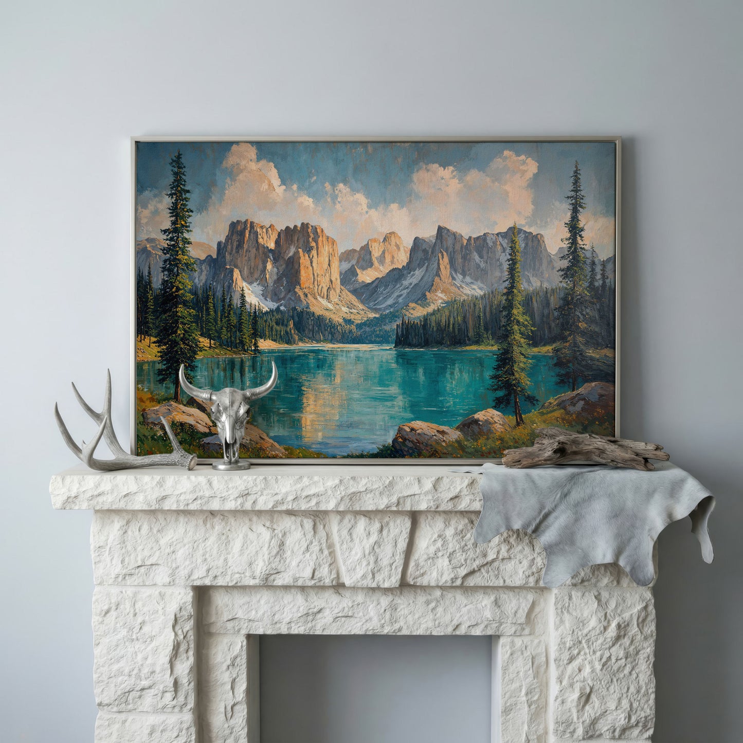 Mountain Lake & Pine Forest Canvas in silver floating frame